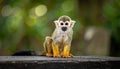 Little Squirrel Monkey is having fun on the wood bench Royalty Free Stock Photo