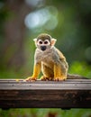 Little Squirrel Monkey is having fun on the wood bench Royalty Free Stock Photo