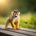 Little Squirrel Monkey is having fun on the wood bench Royalty Free Stock Photo