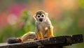 Little Squirrel Monkey is having fun on the wood bench Royalty Free Stock Photo