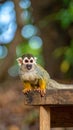 Little Squirrel Monkey is having fun on the wood bench Royalty Free Stock Photo
