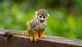 Little Squirrel Monkey is having fun on the wood bench Royalty Free Stock Photo