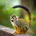 Little Squirrel Monkey is having fun on the wood bench Royalty Free Stock Photo