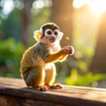 Little Squirrel Monkey is having fun on the wood bench Royalty Free Stock Photo