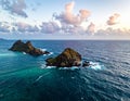 Aerial view of Dois IrmÃ£os, two rocky islands located off the coast of Fernando de Noronha, Brazil Royalty Free Stock Photo