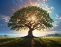 A large, majestic tree with a thick trunk and sprawling branches stands isolated in a grassy field Royalty Free Stock Photo
