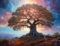 A majestic, large tree with sprawling branches and twisted roots dominates a vibrant landscape Royalty Free Stock Photo