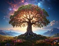 A majestic tree with a thick, twisting trunk is centered on a grassy landscape with colorful wildflowers Royalty Free Stock Photo