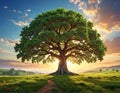 A large, majestic tree with a broad canopy stands prominently in a sunlit meadow Royalty Free Stock Photo