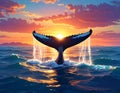 Sunset with whale tail combination, The whale tail is shown in the middle of the sea Royalty Free Stock Photo