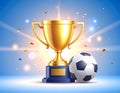 A golden trophy with a wide cup and two handles is displayed prominently against a blue background Royalty Free Stock Photo