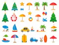 A colorful collection of beach and Christmas-themed icons. Includes Christmas trees, decorated and undecorated Royalty Free Stock Photo