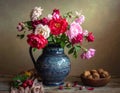 A blue ceramic vase holds a bouquet of red, pink, and white roses (Rosa spp.) Royalty Free Stock Photo