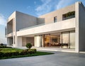 Modern two-story house with a minimalist design, featuring a facade of smooth, light-colored stone panels Royalty Free Stock Photo
