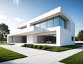 Modern two-story house featuring a minimalist design with clean lines and white facade Royalty Free Stock Photo