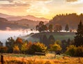 Misty autumn morning in a mountainous landscape. Rolling hills covered with trees displaying vibrant fall colors Royalty Free Stock Photo