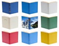 Nine hardcover books are open, displaying various colorful covers and blank pages Royalty Free Stock Photo