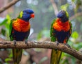 Two rainbow lorikeets (Trichoglossus moluccanus) perched on a branch Royalty Free Stock Photo
