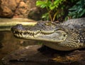 A crocodile (family Crocodylidae) rests near a body of water Royalty Free Stock Photo