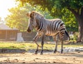 Zebra (Equus quagga) walking on a dirt path in a sunny outdoor environment Royalty Free Stock Photo