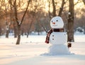 A snowman stands in a snowy park at sunset. It has two snowballs stacked for its body, with a carrot for a nose Royalty Free Stock Photo