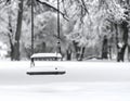 A snowy playground scene with a wooden swing covered in a layer of snow Royalty Free Stock Photo