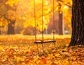 A wooden swing hangs from a rope attached to a tree, surrounded by a blanket of fallen orange and yellow leaves Royalty Free Stock Photo