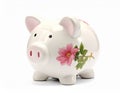 White ceramic piggy bank with pink ears and snout, adorned with a pink flower and green leaves Royalty Free Stock Photo