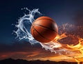 A basketball is depicted amidst dynamic, stylized elements of water and fire Royalty Free Stock Photo
