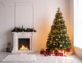 Elegant living room with a decorated Christmas tree and lit fireplace with lush green tree Royalty Free Stock Photo