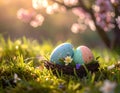Painted Easter eggs sit nestled in a small wicker nest on lush grass, surrounded by delicate spring flowers Royalty Free Stock Photo