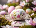 Decorative egg adorned with colorful floral patterns, featuring pink and blue flowers with green leaves Royalty Free Stock Photo