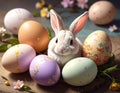 A white rabbit is surrounded by decorated Easter eggs featuring floral patterns in pastel colors Royalty Free Stock Photo