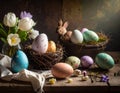 Decorative Easter scene with colorful eggs, some featuring floral patterns, arranged in nests on a wooden surface Royalty Free Stock Photo