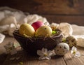 A rustic wooden table holds a dark, round bowl fashioned like a nest Royalty Free Stock Photo
