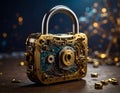Ornate padlock with visible gears and circuits, blending mechanical and digital elements. Royalty Free Stock Photo