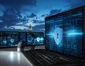Computer setup with multiple monitors displaying cybersecurity graphics Royalty Free Stock Photo