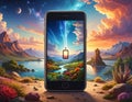 A smartphone stands on a picturesque landscape, blending seamlessly into the scene Royalty Free Stock Photo
