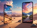 Smartphones are embedded in a desert landscape, displaying contrasting vibrant, surreal sceneries on their screens Royalty Free Stock Photo