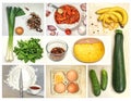 Collage of food ingredients includes leeks, a brown onion, assorted peppercorns, chopped tomatoes Royalty Free Stock Photo