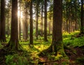 Sunlight filters through a dense forest of tall, straight trees, casting long shadows on the mossy forest floor Royalty Free Stock Photo