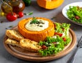 Pumpkin dish with a salad and biscuits Royalty Free Stock Photo