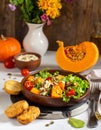 Pumpkin dish with a salad and biscuits Royalty Free Stock Photo