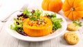 Pumpkin dish with a salad and biscuits Royalty Free Stock Photo