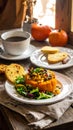 Pumpkin dish with a salad and biscuits Royalty Free Stock Photo