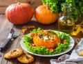 Pumpkin dish with a salad and biscuits Royalty Free Stock Photo