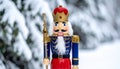 Christmas Nutcracker King wearing crown and holding scepter, snow covered evergreen t Royalty Free Stock Photo