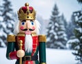 Christmas Nutcracker King wearing crown and holding scepter, snow covered evergreen t Royalty Free Stock Photo