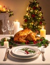 Christmas table setting with turkey. Holiday Christmas dinner Royalty Free Stock Photo