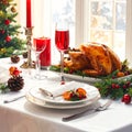 Christmas table setting with turkey. Holiday Christmas dinner Royalty Free Stock Photo